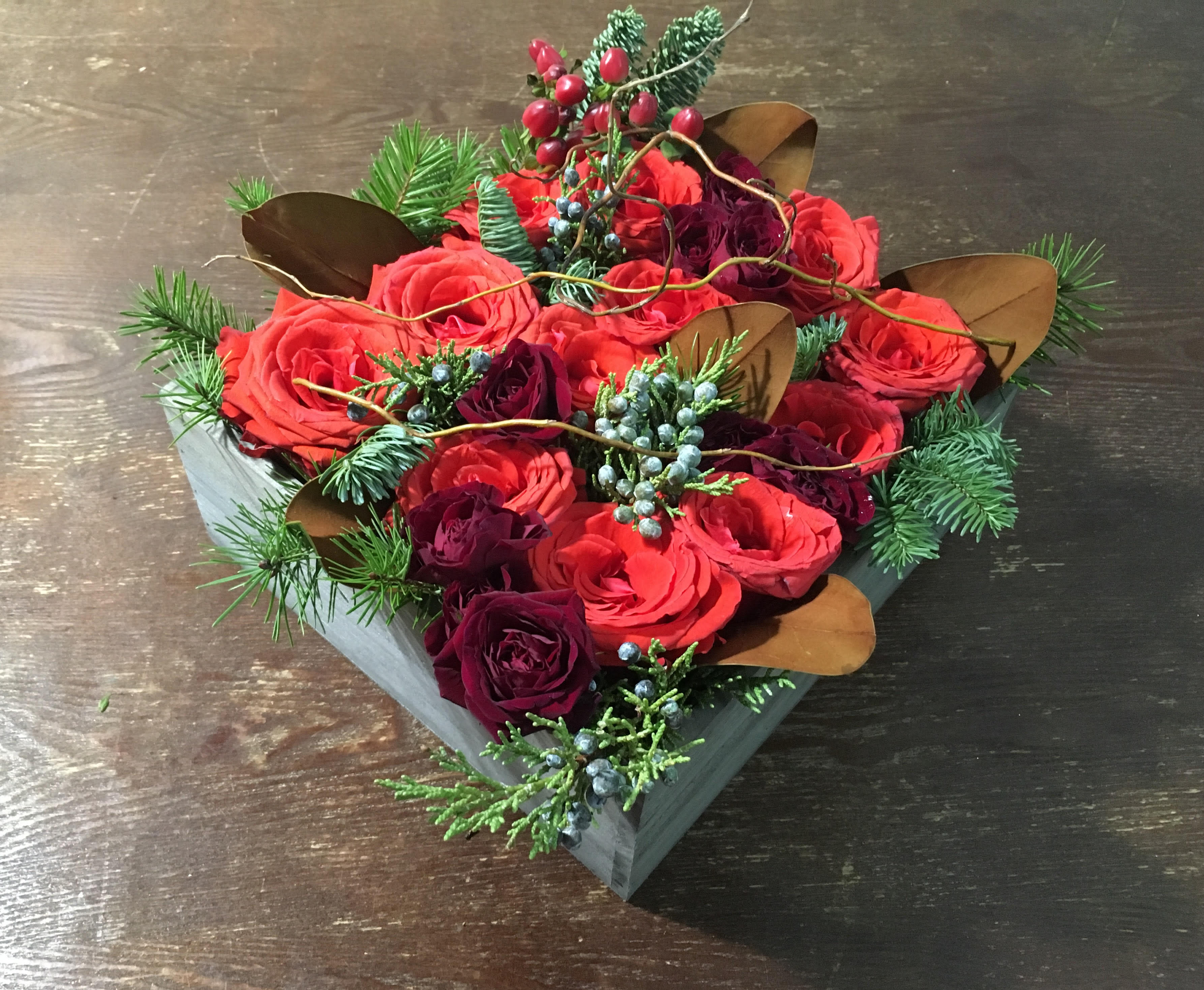 Winter Wonderland - Roses with Christmas green in wood square 10'' box