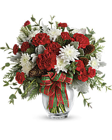 Teleflora's Holiday Shine Bouquet - Give the gift of holiday style with this mix of Christmas crimson and winter white blooms, all wrapped up with a festive plaid ribbon in a classic ginger jar.