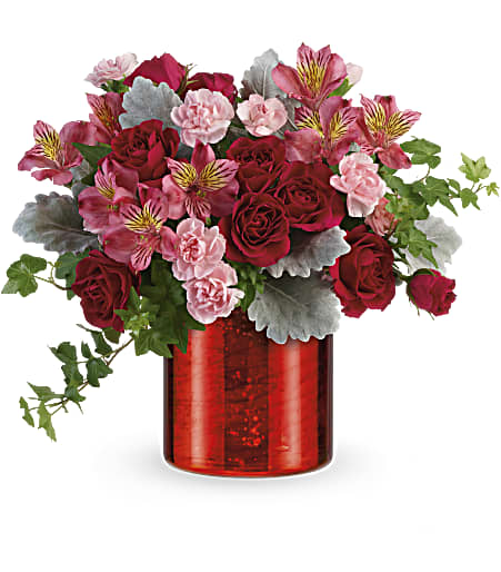 Moonstruck Mercury Bouquet - Let your love shine with this gleaming Valentine's Day surprise of romantic red roses in a shimmering keepsake vase with metallic swirl finish.