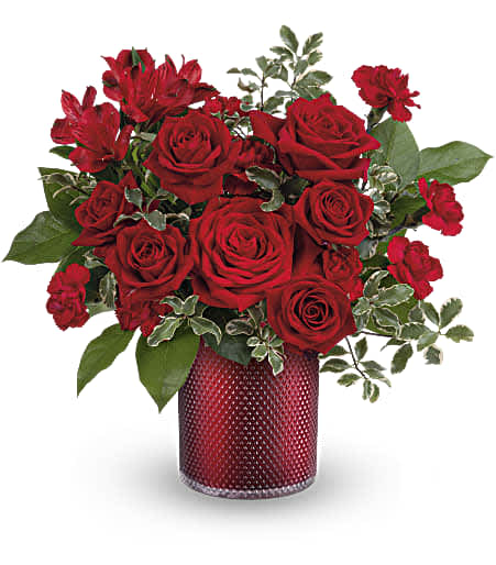 Teleflora's Radiant Crimson Bouquet - As radiant as your love, this romantic red rose bouquet looks ravishing inside a pearlescent scarlet vase with embossed diamond pattern.