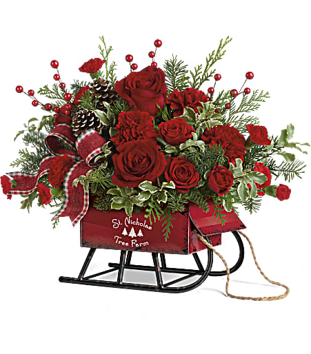 Teleflora's Rosy Sleigh Bouquet - Send a sleigh-ful of Christmas charm with this classic red rose and red carnation bouquet, charmingly arranged in a vintage-inspired metal sleigh, complete with rustic antique detailing and a delightful pull rope!