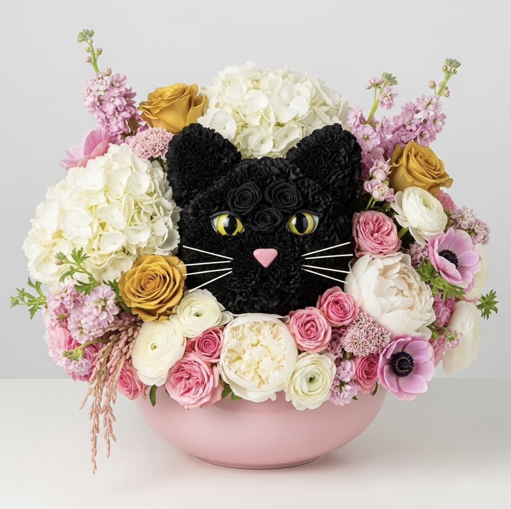 Rosalie By Black Cat Florist  - Introducing our “Rosalie” arrangement, a stunningly whimsical and luxurious centerpiece that's perfect for the ultimate cat lover or a chic, memorable event. This breathtaking design features a sweet sculpture of a cat's face, meticulously crafted from a dense collection of black carnations and black spray roses. The cat is nestled in a large, smooth pink ceramic bowl, which provides a modern and elegant base for the vibrant and overflowing display of fresh blooms. The arrangement is a lush blend of plush white hydrangeas, radiant gold roses, delicate pink spray roses, soft white peonies, intricate white ranunculus, and the unique addition of elegant pink anemones. This artistic masterpiece combines playful charm with high-end style, making it a perfect statement piece for a grand celebration or a gift.