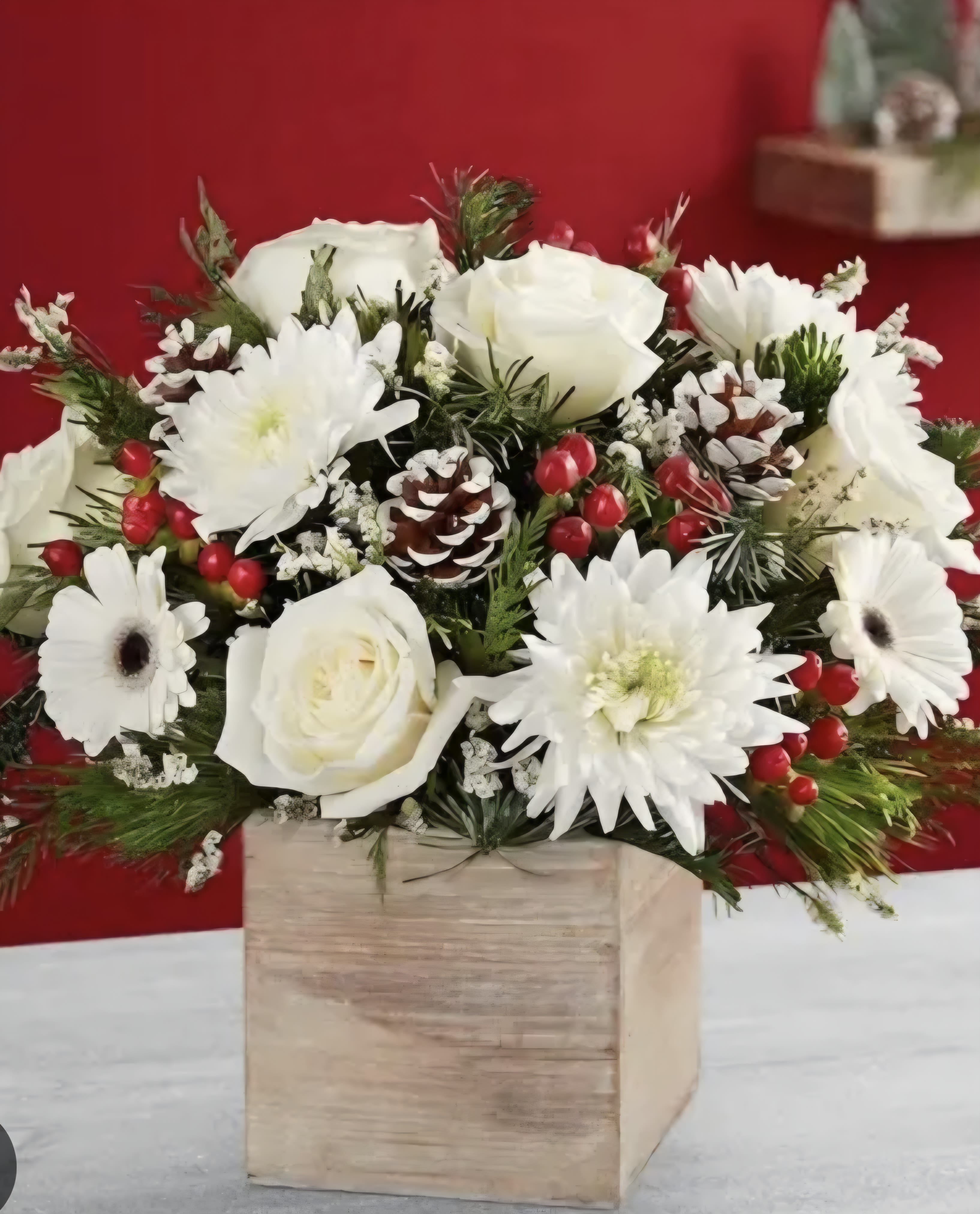 Winter Snow - This all white arrangement features, white roses, Gerbers, and Pomps. 