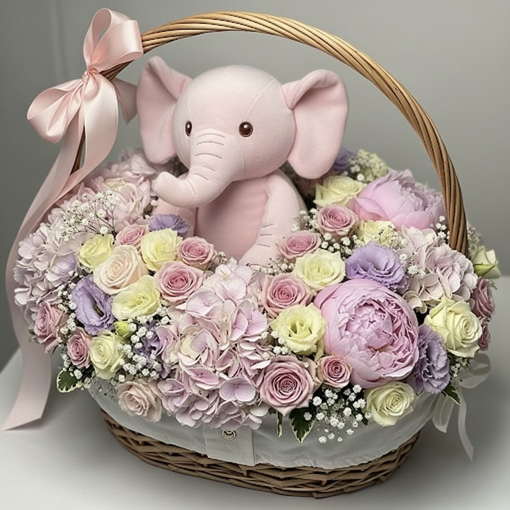 Welcome Baby Girl! By Black Cat Florist  - This exquisite basket is a celebration of new beginnings, featuring a plush elephant nestled within a stunning garden of fresh flowers. The rich pastel palette includes voluminous pink Hydrangeas, elegant pink and purple Peonies, sweet yellow and pink Roses, and delicate fillers, creating a soft and inviting "nest." Adorned with a beautiful pink satin ribbon, this luxurious floral basket is the ultimate expression of love and joy for a baby shower or a warm welcome for a newborn.