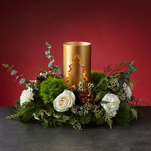 Evening Evergreen Centerpiece - Light the way to a silent night snuggled around the Evening Evergreen centerpiece. The festive greenery designed around crisp white roses recreates the calming atmosphere of a winter landscape. Make it a candlelit night by illuminating the tree lantern focal piece.