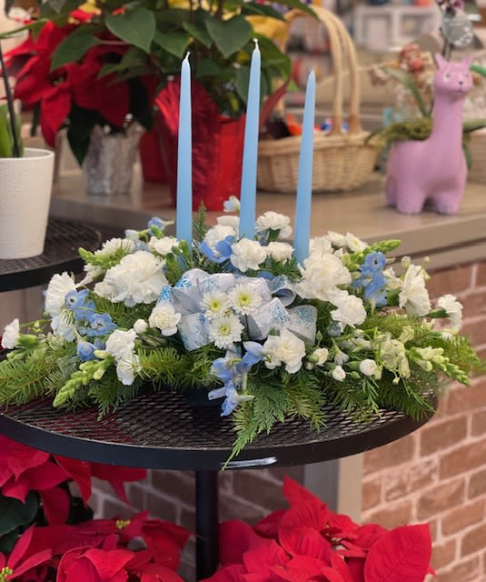 Blue Christmas without you - Blue candles, Blue ribbon and white and blue flowers and greens