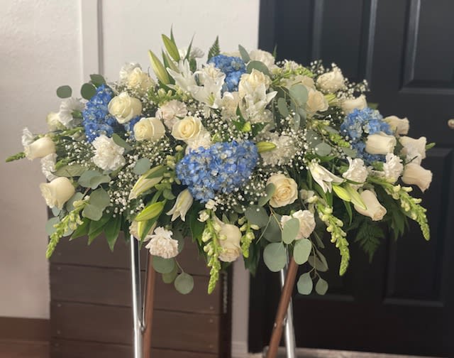 Blue by the sea casket - casket spray in blue and white