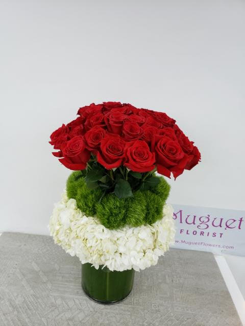 Lavish Classics arrangements - Red White and Green  - &quot;Lavish Classics&quot; is a timeless floral arrangement that combines the elegance of red, the purity of white, and the vibrancy of green. This harmonious blend creates a lavish display that pays homage to classic beauty. With carefully chosen flowers in varying shades, this arrangement becomes a celebration of the enduring appeal of red, white, and green hues. Join us as we explore the enchanting world of &quot;Lavish Classics.&quot;  Varieties and colors of flowers may vary according to season and availability. This arrangement comes with a newly cleaned vase and good quality water &amp; flower food.  Item: 105r  Care Instructions: For the best vase life, change the water every two days.   