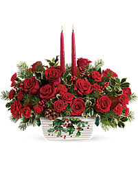 Holly Glow Centerpiece - Bring a warm glow to holiday décor with this radiant centerpiece of festive red roses and taper candles, arranged in a keepsake stoneware serving dish.