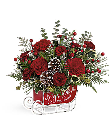 Vintage Sleigh Ride - Dashing through the snow in a flower-filled open sleigh! Fun and festive, this vintage metal keepsake sleigh is the perfect vehicle for a joyful holiday bouquet.