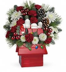 Snoopy's cookie jar - This charming arrangement includes red miniature carnations, white button spray chrysanthemums, white cushion spray chrysanthemums, noble fir, white pine, and seasonal decorations. Delivered in Snoopy's Cookie Jar