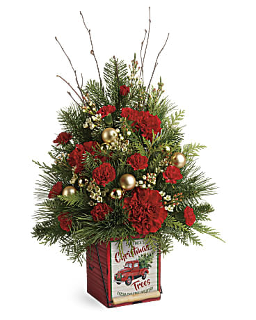 Merry Vintage Greeting Christmas Tree - Evoking a festive Christmas tree, this stunning seasonal arrangement is presented in a charming, vintage-inspired metal keepsake cube for years of holiday décor delight!