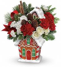 Gingerbread cookie jar -   Home, sweet home! This jolly gingerbread house can't wait to house your Christmas cookies - but first it delivers a fabulously festive bouquet of white roses, red carnations and fragrant evergreens!