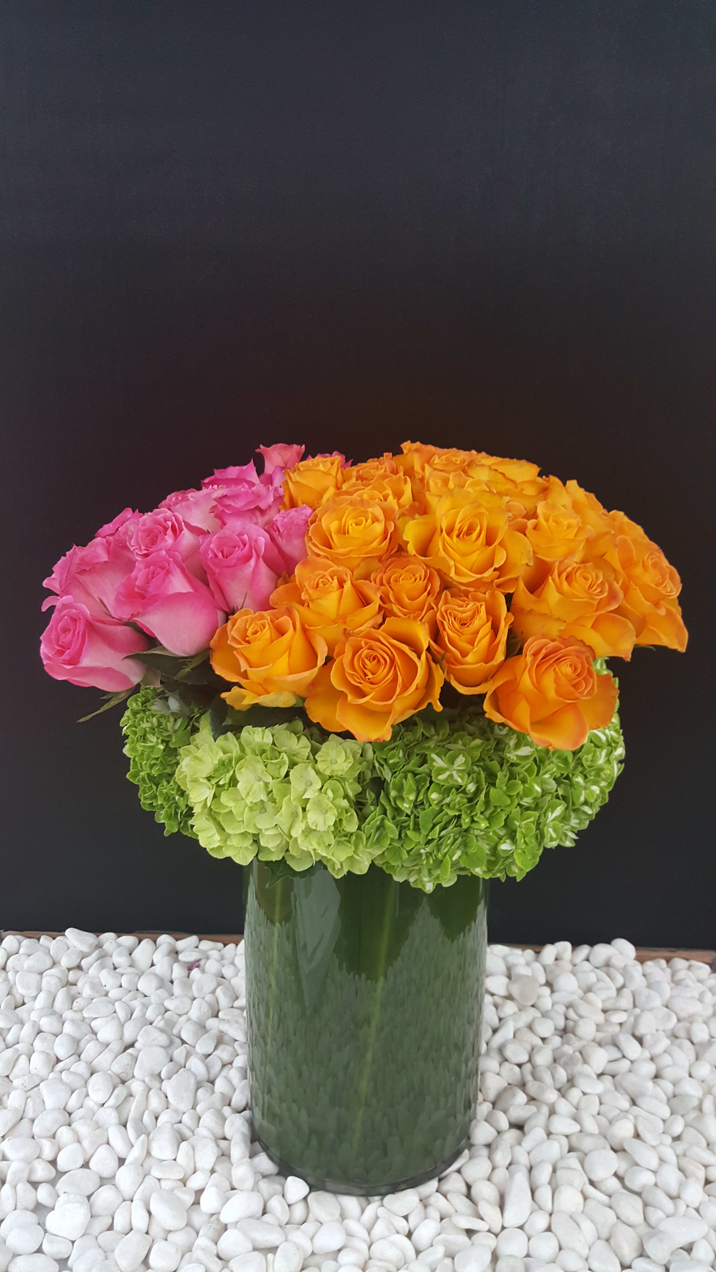 Radiant Roses and Emerald Hydrangea Ensemble: A Luxurious Floral Affair - Step into a world of opulent elegance with the &quot;Radiant Roses and Emerald Hydrangea Ensemble.&quot; This arrangement artfully combines the luxurious beauty of 50 roses with the lush allure of emerald hydrangeas, creating a visual masterpiece that exudes sophistication and charm. Like a regal affair set in a garden of exquisite blooms, this arrangement celebrates nature's finest and most vibrant offerings.  &quot;Varieties and colors of flowers may vary according to season and availability.&quot;  This arrangement includes a newly cleaned vase and good quality water &amp; flower food.  Item: 150  Care Instructions: For the best vase life, change the water every two days.