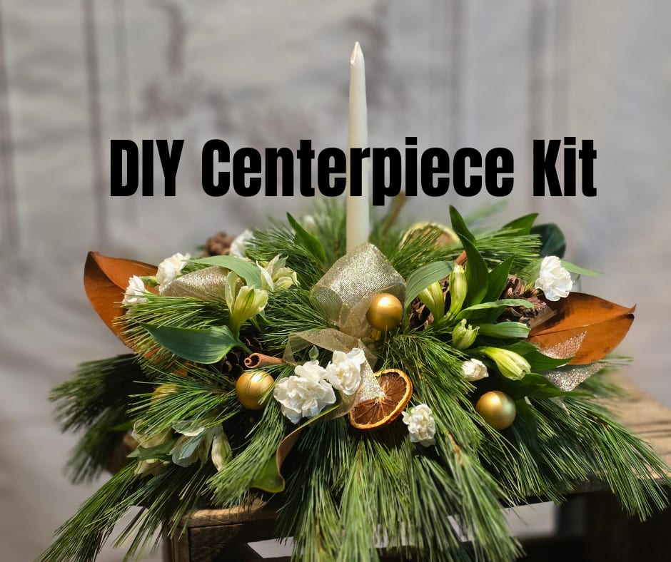 Sale: $30 DIY Christmas Centerpiece Kit - DIY Christmas Centerpiece Kit: Festive Fun On Your Schedule! On Sale for $30, Regular $40 ($55 value!)  Bring the joy of floral design home this holiday season with our  DIY Christmas Centerpiece Kit!  This box is packed with everything you need—from fragrant fresh greens and festive accents to ribbons and clear, easy-to-follow instructions—to create a stunning, professional-quality arrangement that will be the focal point of your holiday table.  These kits are the perfect alternative to a scheduled workshop! You get all the fun of crafting without the time commitment, allowing you to:  * Host Your Own Girls' Night:** Gather your friends for a wine-and-design night on a date that works for everyone. * Enjoy Solo Relaxation:** Treat yourself to a quiet, creative afternoon of festive crafting. * Create On Your Timeline:** No minimums, no designated schedule, just pure holiday fun whenever you're ready.  It's fun, festive, and guaranteed to yield beautiful results** for your home or as a thoughtful, handmade gift!  This item is a smaller centerpiece including white pine, embellishments and white flowers. The centerpiece is designed to last well through the holidays, and can easily be refreshed with new blooms for over 4 weeks of beauty.   For larger parties, please give at least a 2 business day lead time to ensure availability. 