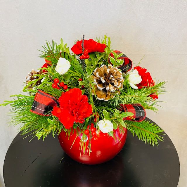 Have a Holly Jolly Christmas  - A ceramic keepsake ornament dish filled with Christmas themed florals and holiday greens.