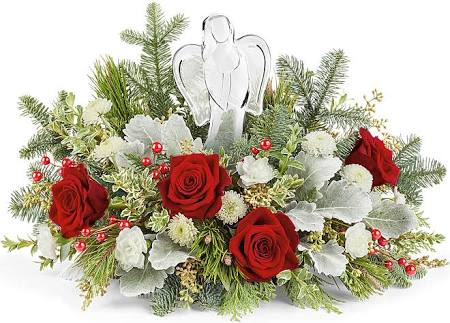Joy to the world holiday bouquet  - Joy to the World Holiday Bouquet brings timeless elegance to your seasonal celebrations. This stunning arrangement pairs deep red roses with pristine white blooms and fragrant evergreens, creating a classic holiday palette that radiates warmth and cheer. At its heart sits a beautiful keepsake Crystal Angel—a treasured memento that extends the gift's meaning long after the flowers fade. Perfect for Christmas morning, holiday gatherings, or as a heartfelt gesture to someone special, this bouquet captures the spirit of the season with grace and sophistication.  *Arrangement may vary slightly from what is pictured on our site.  We only use the freshest and loveliest flowers available each day. 