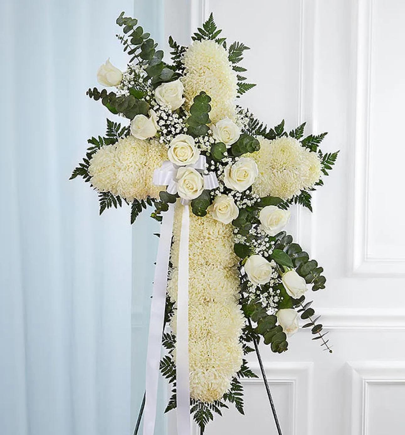 Peace &amp; Prayers™ White Standing Cross - Honor a lifetime of faithful devotion with our beautiful standing cross arrangement. 