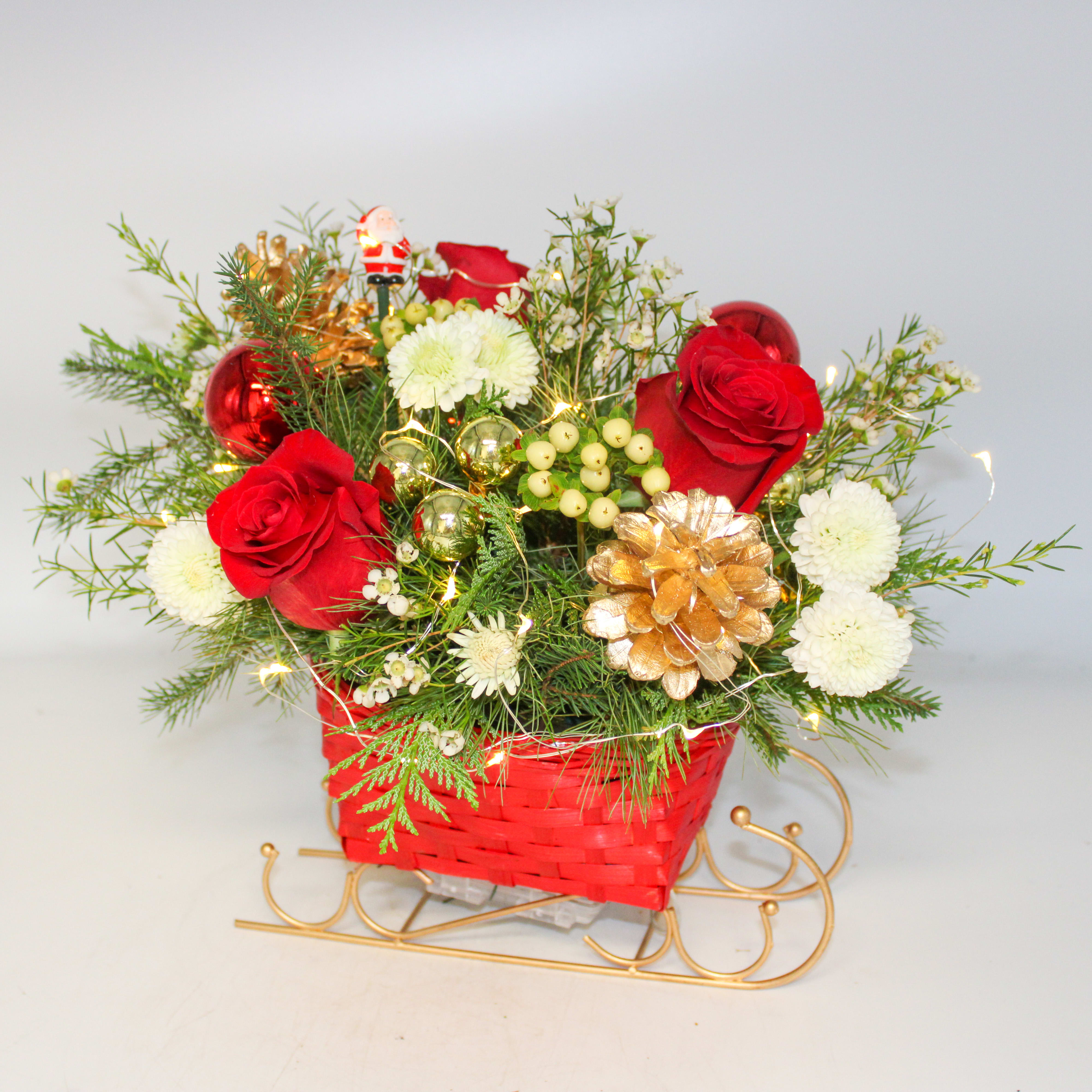 Santa's Sleigh - Santa’s Sleigh is fun for the family, this arrangement lights up and is arranged with Red Roses, White Hypericum Berries, White Button Mums, White Waxflower, Mini Santa, Ornaments and pinecones in a bed of mixed evergreens. Batteries are included.