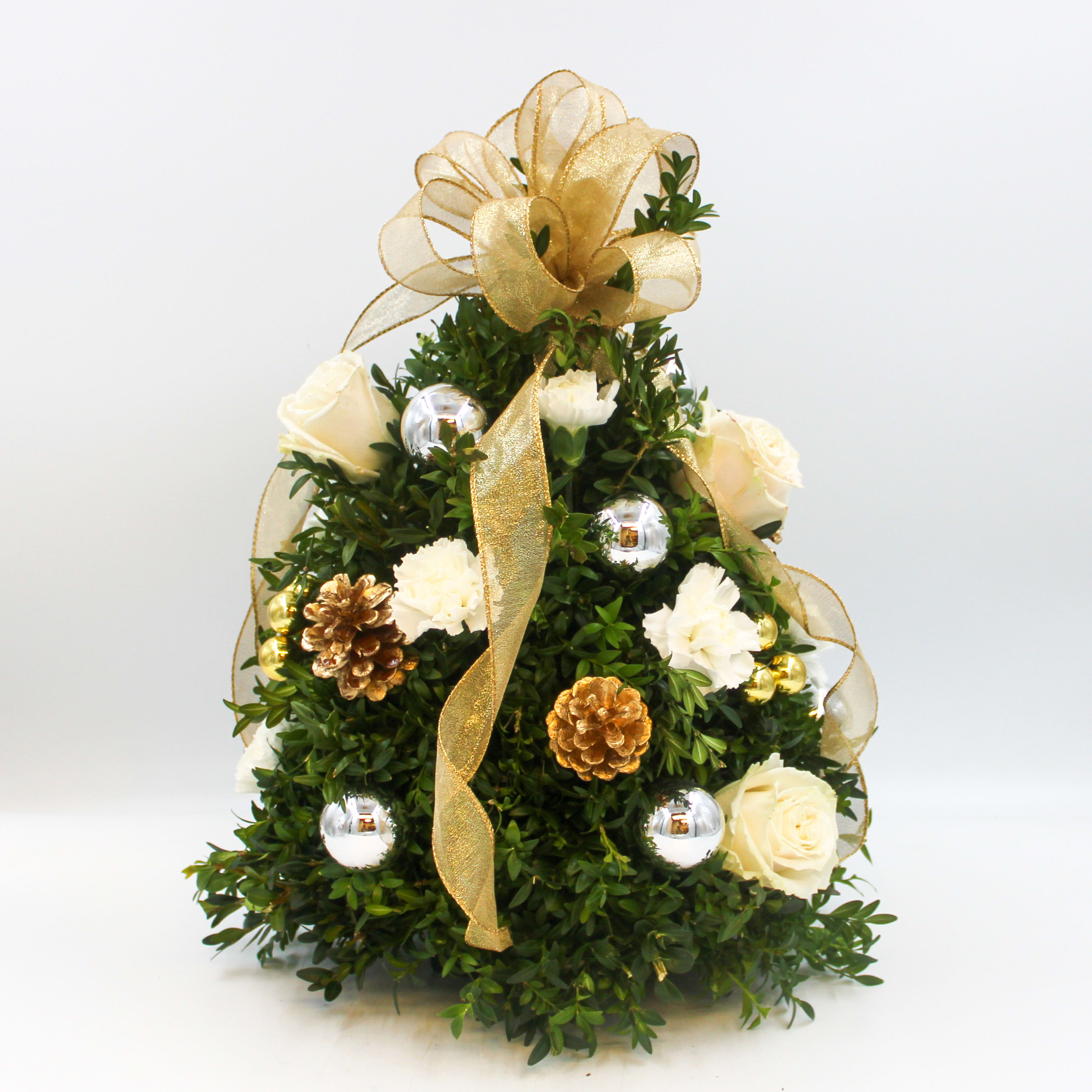 Silver Bells - Silver Bells is a Boxwood Tree with white flowers and mixed Silver and Gold decor.