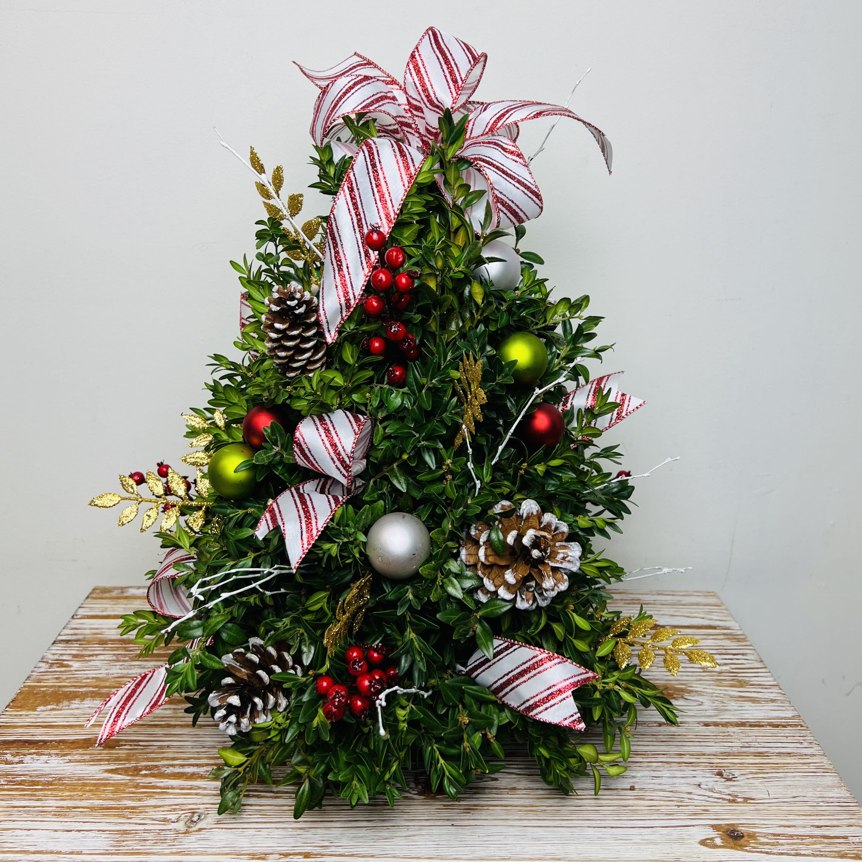 Holiday Boxwood Tree - A Holiday Favorite! A festive boxwood tree. With minimal care of just keeping watered, you can enjoy this tree through the holiday season.  Approximately 20-22” Tall