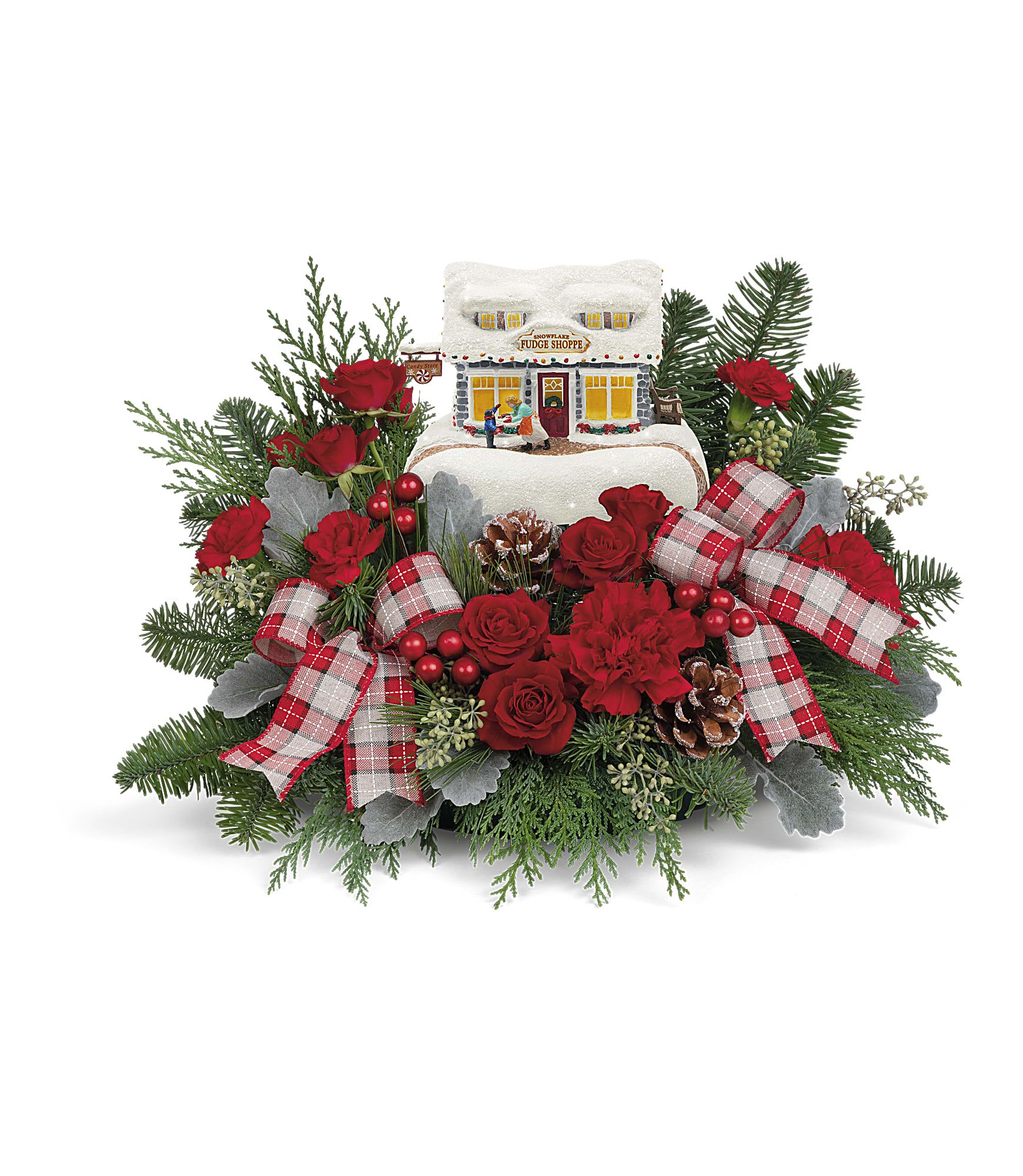 Thomas Kinkade's Sweet Shoppe Bouquet - Send a Christmas bouquet they'll adore for many years to come! This Thomas Kinkade collectible makes for a beautiful gift and features sweet holiday flowers made up of roses and winter greens.
