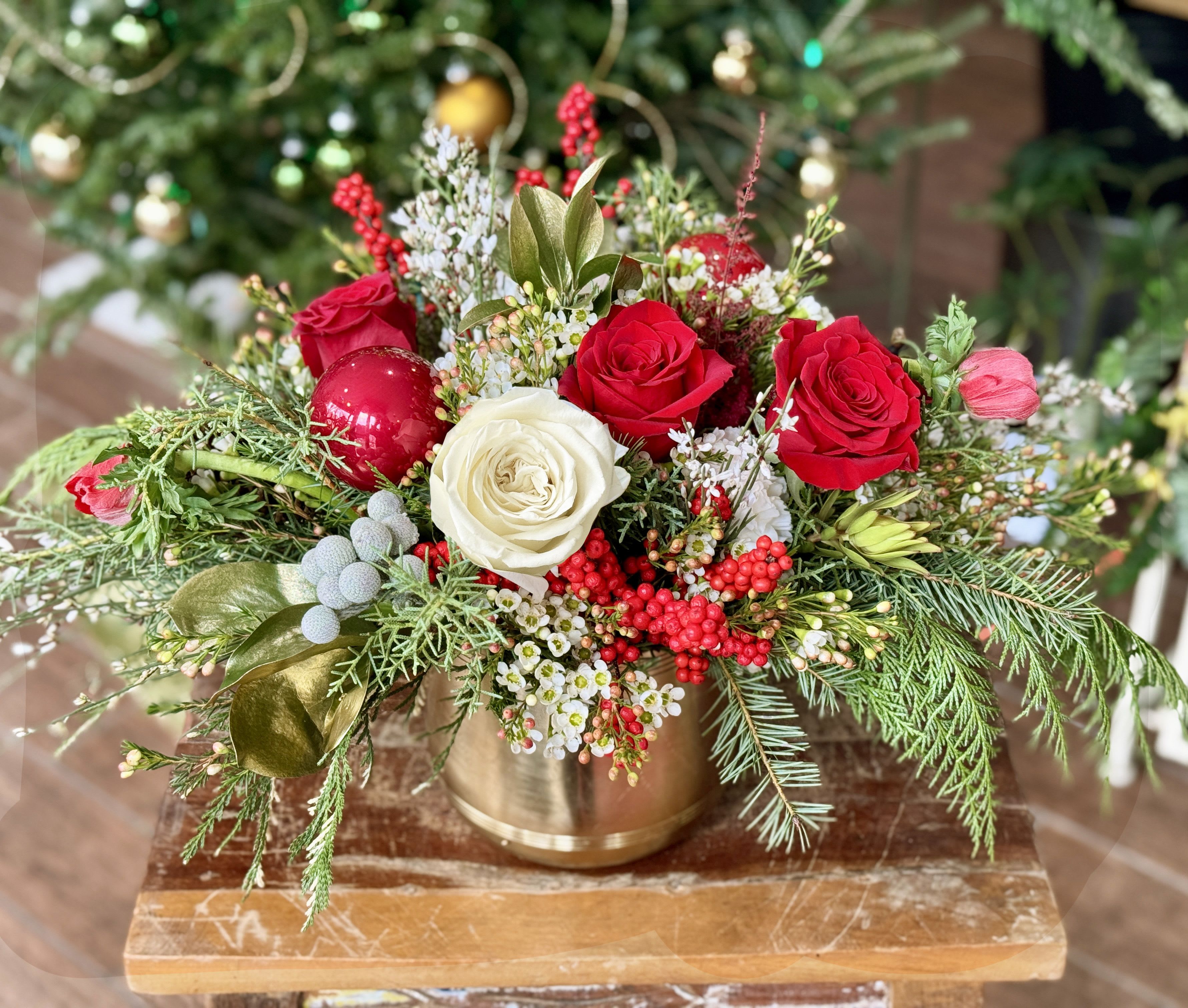 Esther - Christmas floral arrangement in a gold metal container
