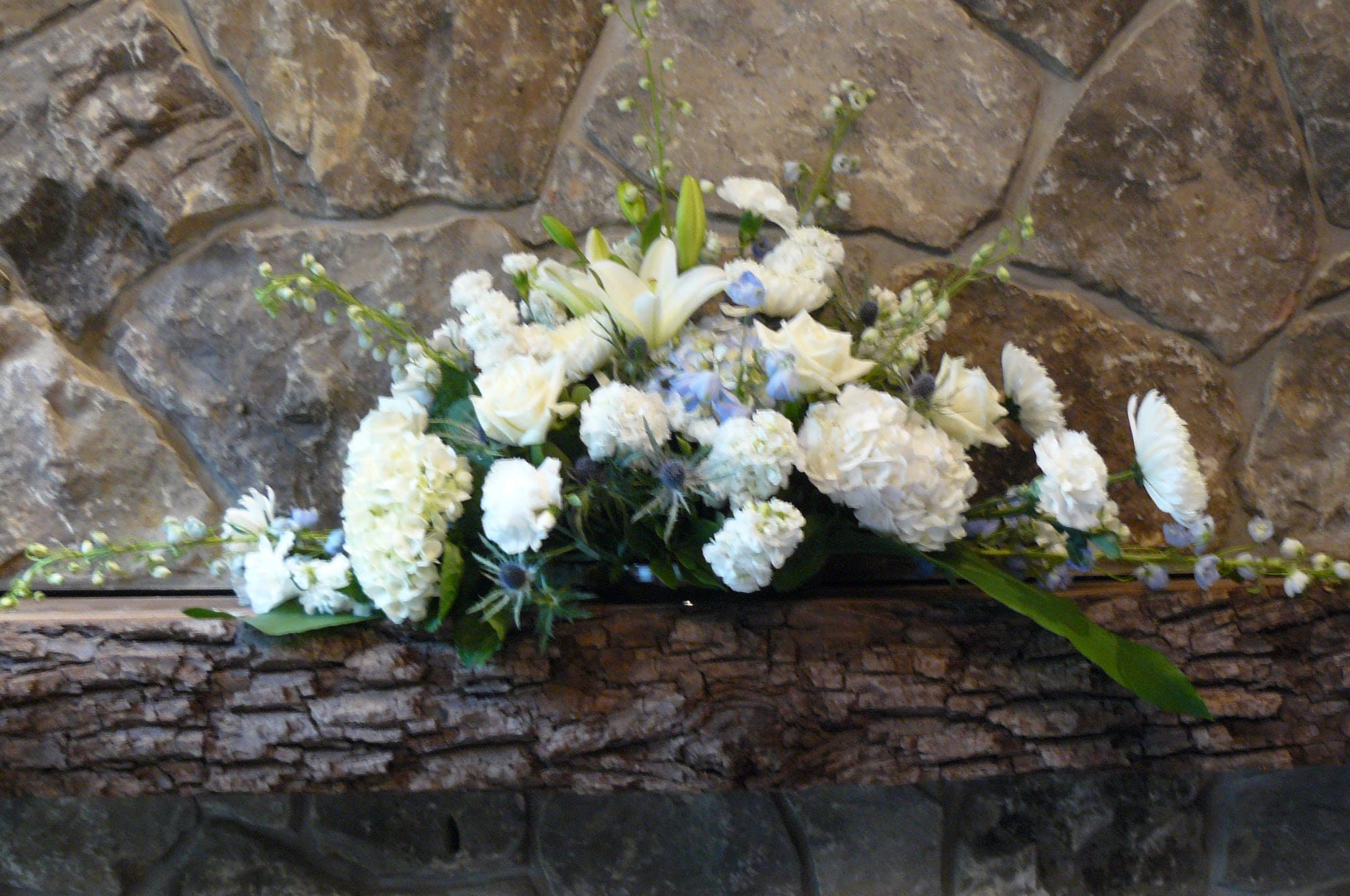 Fireplace  Arrangement (Pre-Order) - Long &amp; Low Floral Arrangement, Hydrangea, Roses, Assorted white Flowers,  Blue Delphinium, Fancy Greens. Call us to Deliver  908-234-2900