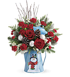  Snowy Daydreams Bouquet - Roses, carnations, pine cones, and christmas decorations 