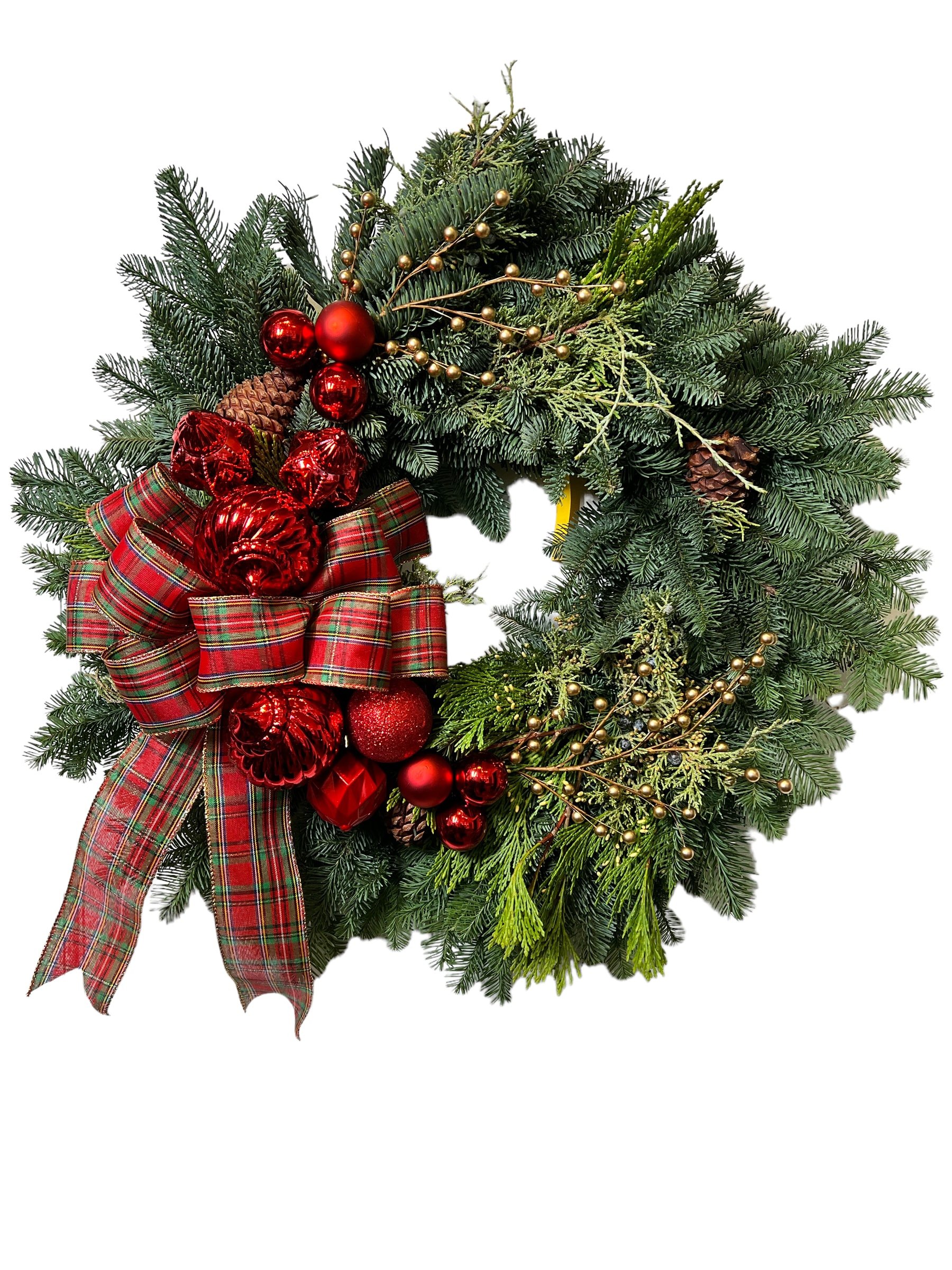 Holiday Wreath - Natural green mixed wreath. Decorated with red bulbs, pinecones and a bow.  As shown in photo. 22" OUTSIDE DIAMETER