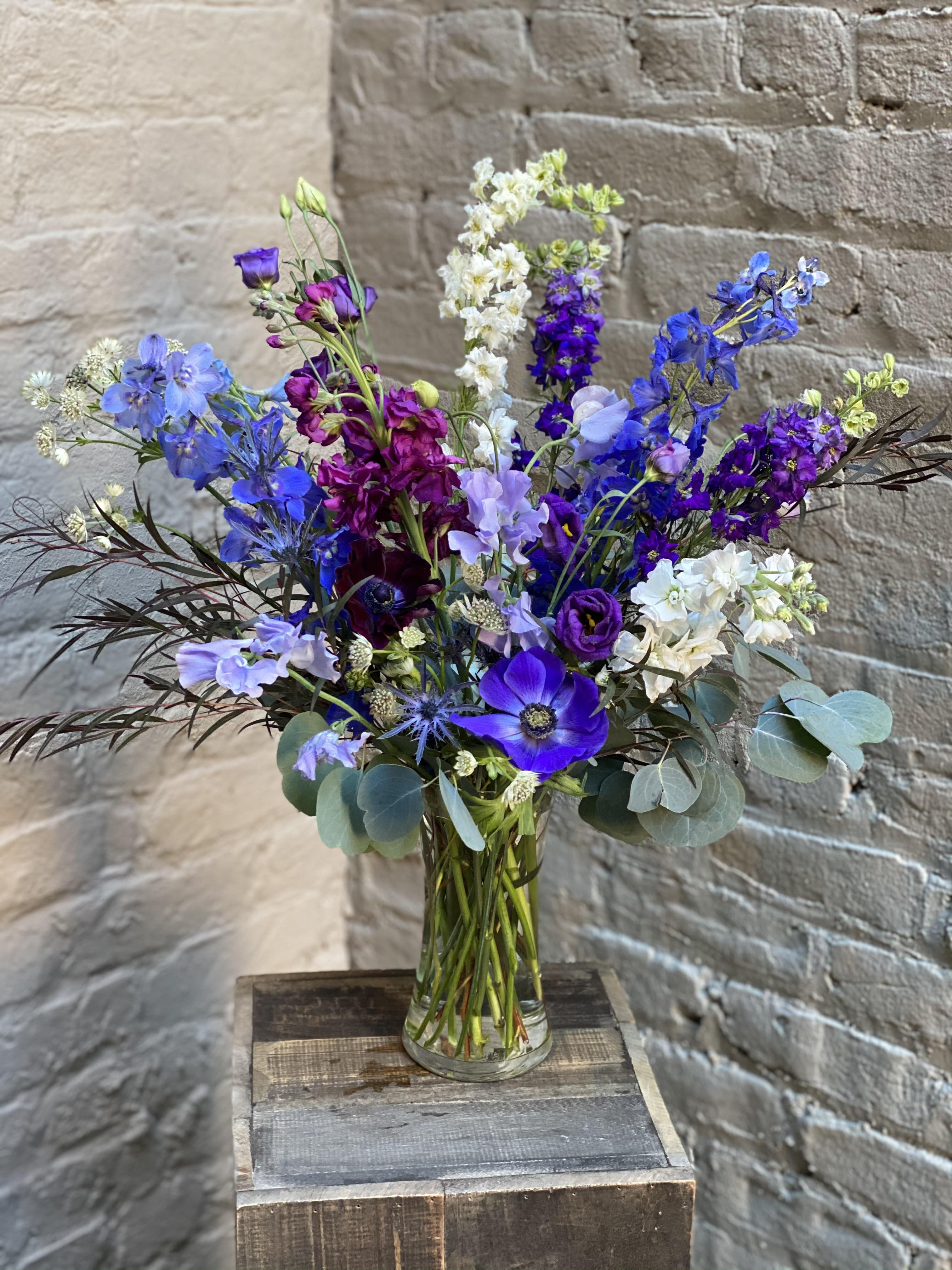 Starry Night - This dreamy arrangement inspired by the night sky, contrasting milky whites with vivid blues, violets, and purples. The tall vase is filled with various shades of delphinium, larkspur, and stock, along with blue thistle, purple lisianthus, lavender sweet peas, and topped with velvet-like anemones for a truly over the moon experience.  Standard arrangement is in an 8&quot; tall glass vase. 
