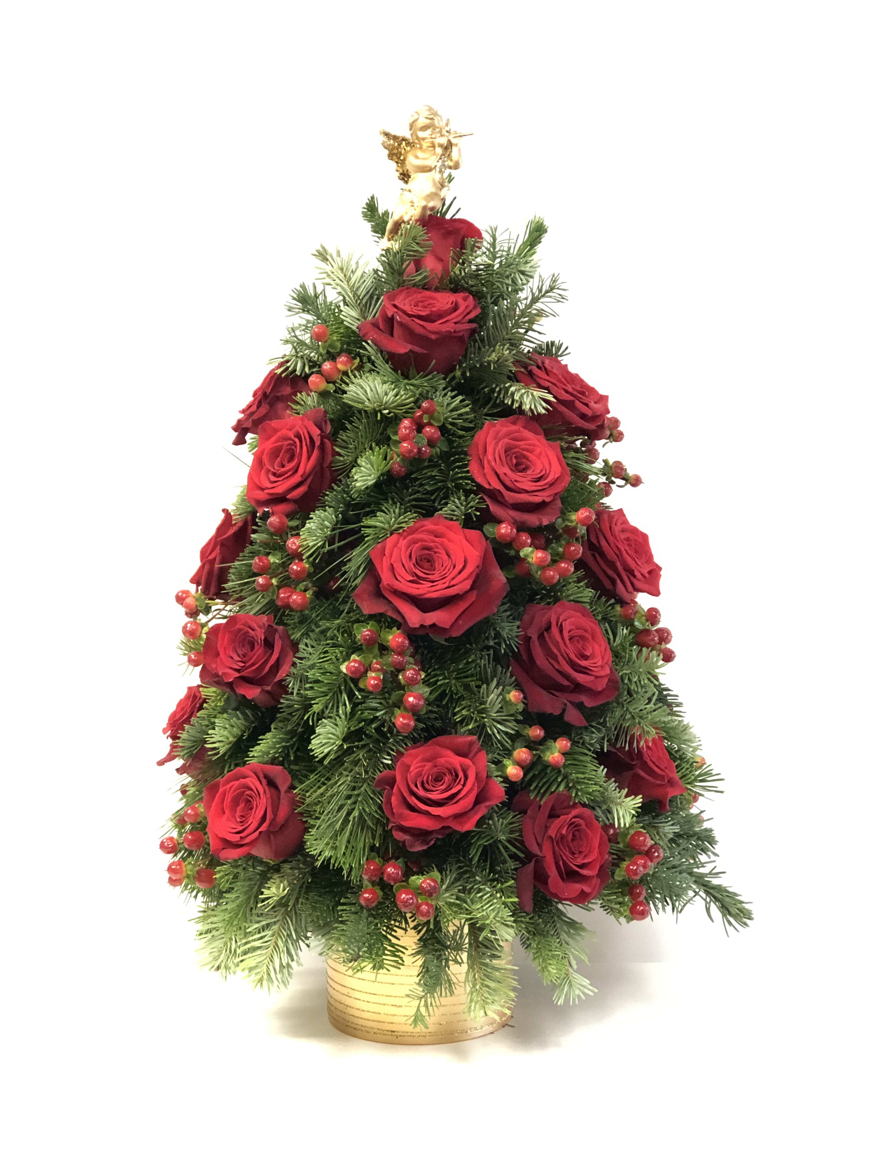 Tree of love - Gorgeous, handmade tree 20”x12” Mixed evergreen, red roses, Berries.