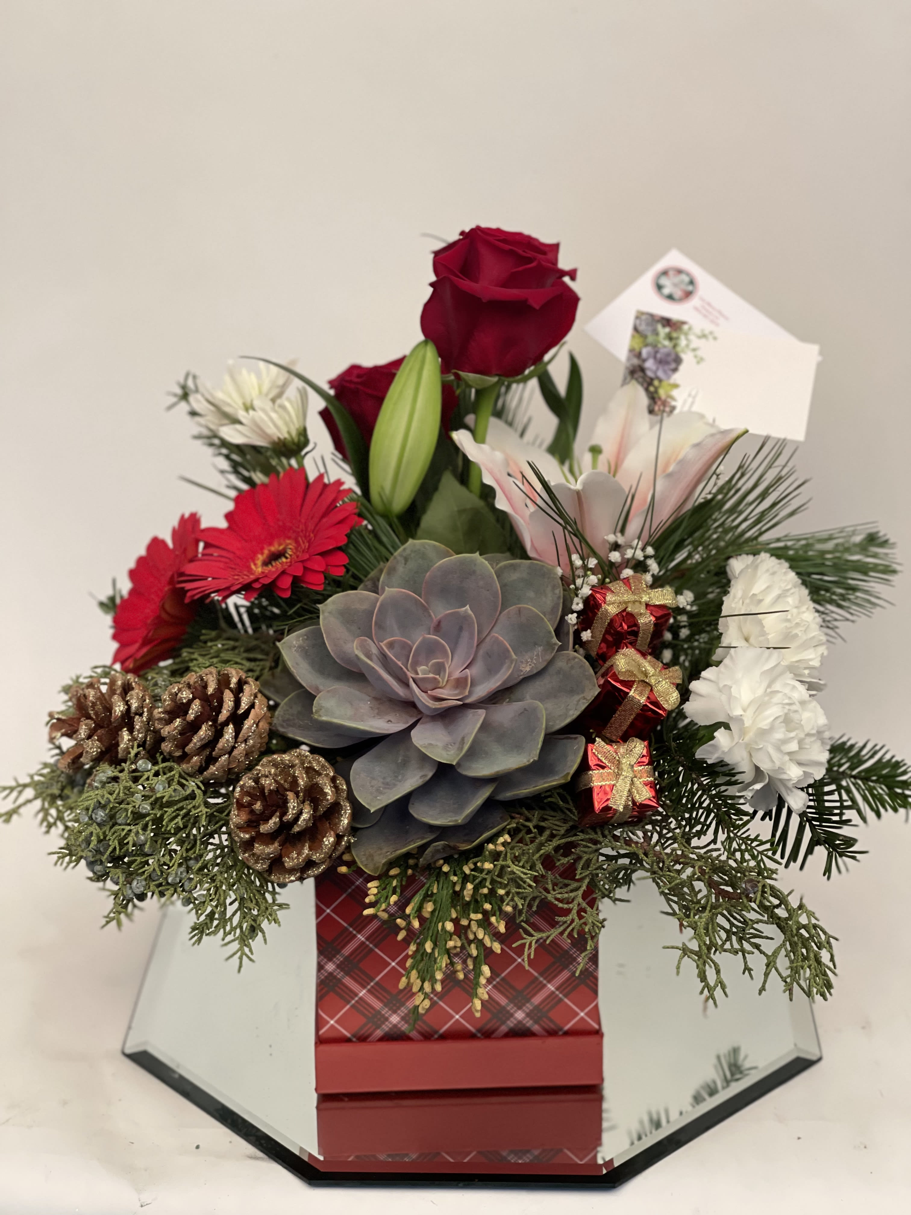 Christmas Box floral w/ succulent - It’s a cute 5” squared gift box 