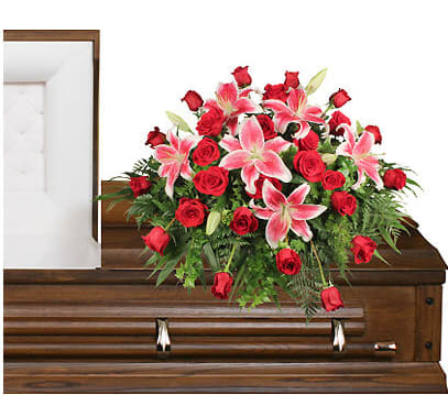 Dedication of Love Casket Spray - This striking sympathy arrangement combines rich textures and a bold palette to create a heartfelt tribute filled with meaning and beauty. At its core, six elegant red and white 'Starfighter' lilies stand out, their vibrant blooms symbolizing passion, purity, and the duality of life, while twenty-four velvety red roses surround them, embodying deep love and respect. The arrangement is artfully enhanced by a lush backdrop of jade, leather leaf, ivy, and sprengeri, providing a rich, green contrast that symbolizes renewal and remembrance. Variegated pittosporum adds a touch of sophistication, softening the overall look while enriching the natural aesthetic. This captivating display not only conveys heartfelt condolences but also serves as a poignant reminder of the beauty and strength found in cherished memories, providing comfort to those in mourning.