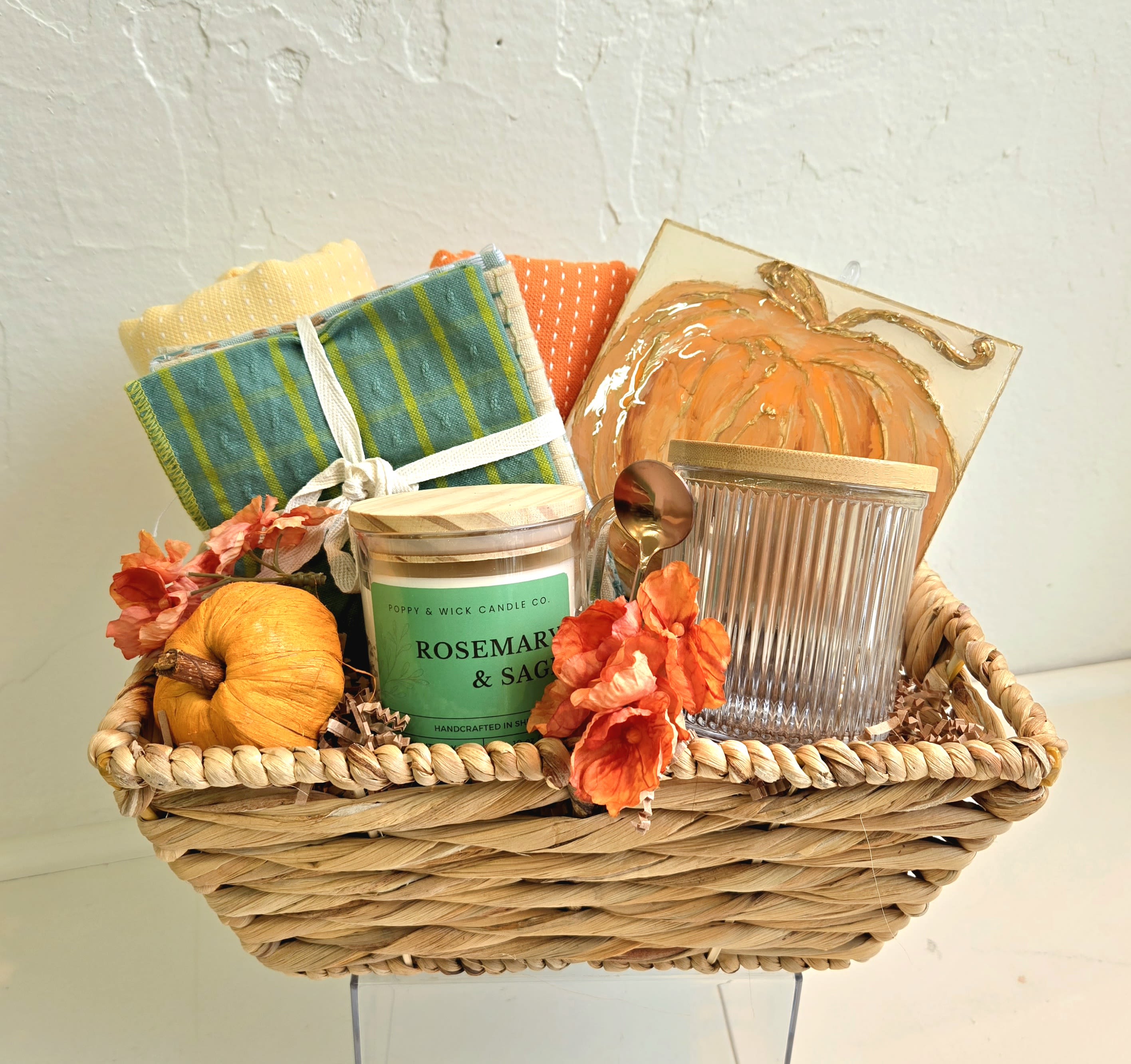 New Home Gift Basket - This is the sweetest gift basket filled with goodies for a new kitchen! It includes 3 dish towels, 6 dishcloths, rosemary &amp; sage handcrafted candle, glass mug with lid and spoon, hand painted pumpkin wood art with an easel and some little faux pumpkin decor.