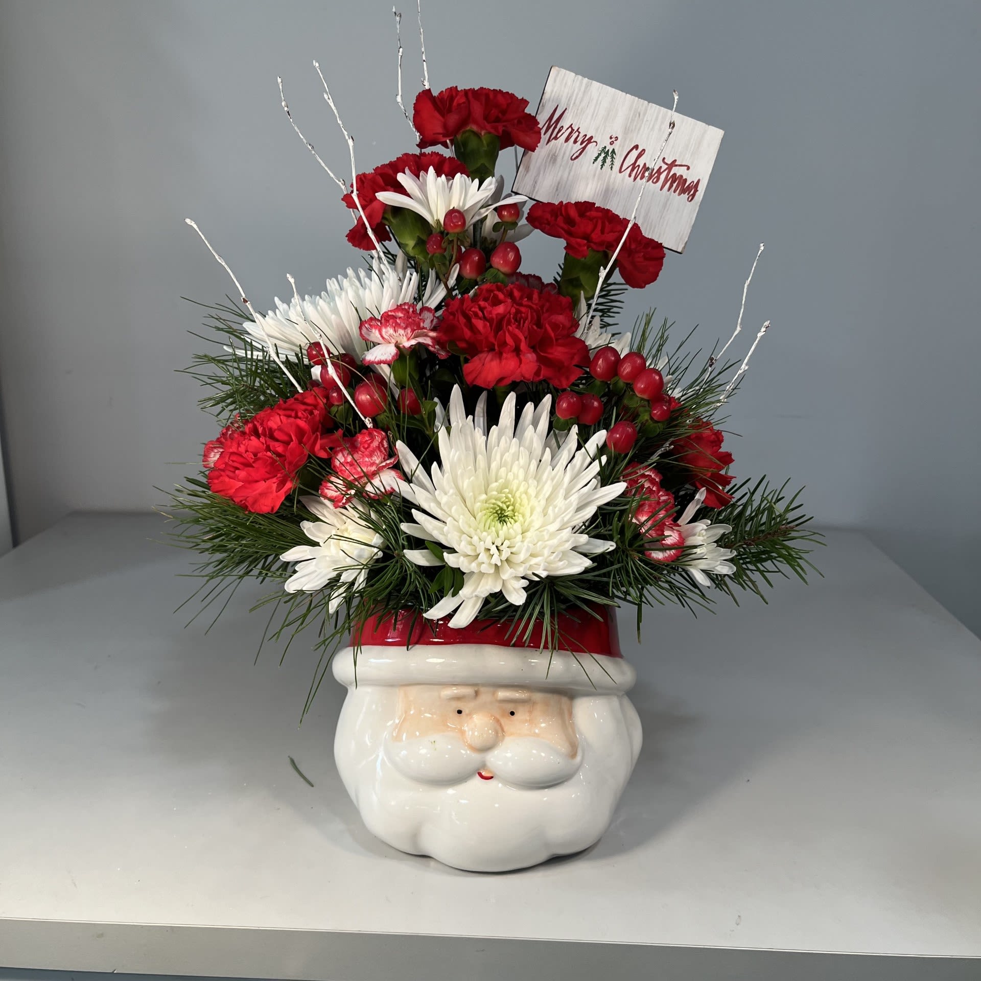 Holiday Santa - Large Ceramic Santa Head Filled with Seasonal Greens and Flowers