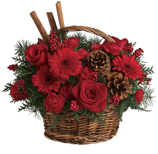 Cinnamon Red - An all-red, beautiful statement with daisies, roses, pine cones, berries, and cinnamon sticks.  