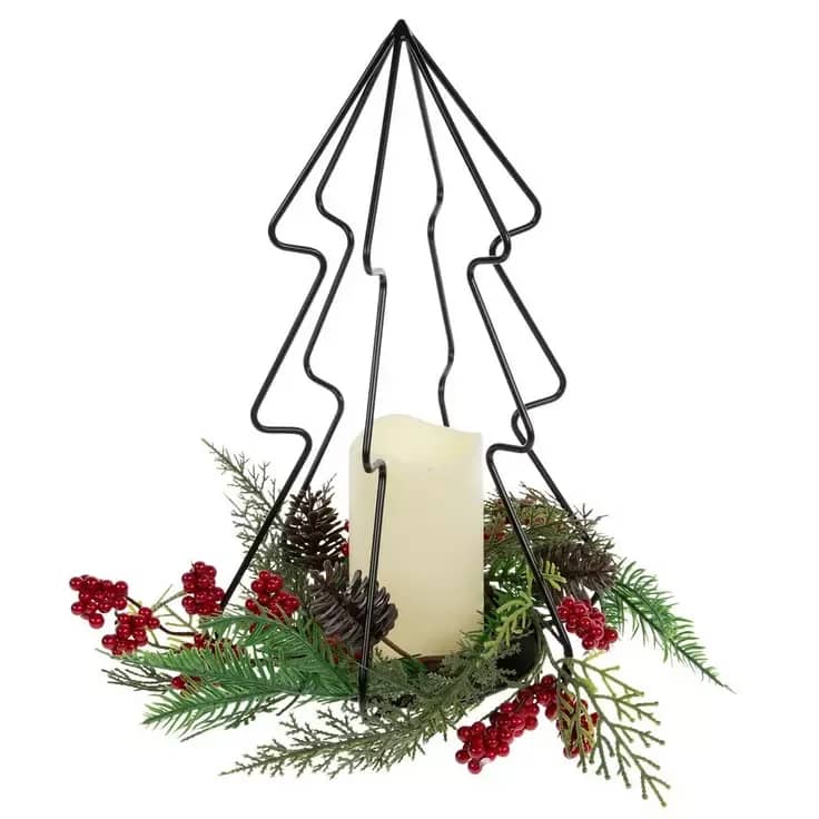 Holiday Tree Lantern - Add modern holiday charm to your décor with this metal Christmas tree candle holder. Featuring a sleek wireframe tree, an LED candle, and festive greenery with berries and pinecones, it makes a beautiful centerpiece for tables, shelves, or mantels. 14&quot; H x 11&quot; W x 11&quot; D