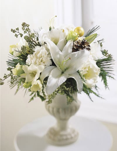 Winter Warmth Arrangement - This festive arrangement in winter white is a great holiday gift or decoration. White lilies, white lisianthus, white freesia and white carnations are professionally arranged in a ceramic vase. 