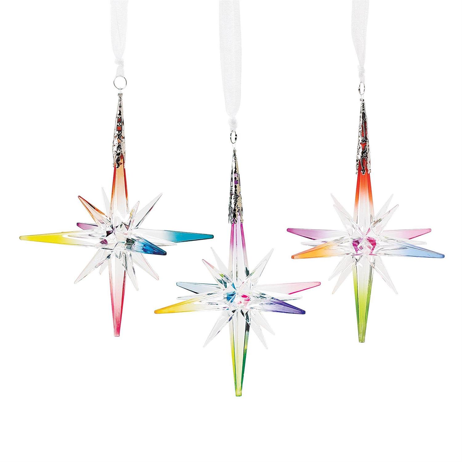 Iridescent Star Ornament - Add a burst of color and brilliance to your holiday décor with this stunning Iridescent Star Ornament, crafted from high-grade acrylic designed to sparkle beautifully in the light. Each faceted point reflects a spectrum of radiant hues, creating a magical, prismatic glow that shifts with every movement. Whether displayed on a tree, in a window, or as part of a festive vignette, this star brings a touch of luminous enchantment to any space.  Measuring 4.72 inches tall, it hangs gracefully from a soft ribbon, catching both natural sunlight and twinkle lights with dazzling clarity. Lightweight yet eye-catching, it's a perfect addition for anyone who loves vibrant holiday accents that feel both modern and whimsical.  Each ornament is sold individually and available in limited quantities, making it a beautiful keepsake for collectors and lovers of radiant seasonal décor.