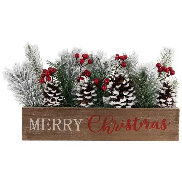 Merry Christmas Pine &amp; Berry Arrangement - Bring festive charm to your home with this Merry Christmas wooden box arrangement, filled with frosted pine, snowy pinecones, and bright red berries. Perfect for tables, mantels, or entryways, it adds a cozy holiday touch to any space. 9&quot; H x 15.5&quot; W x 7.5&quot; D