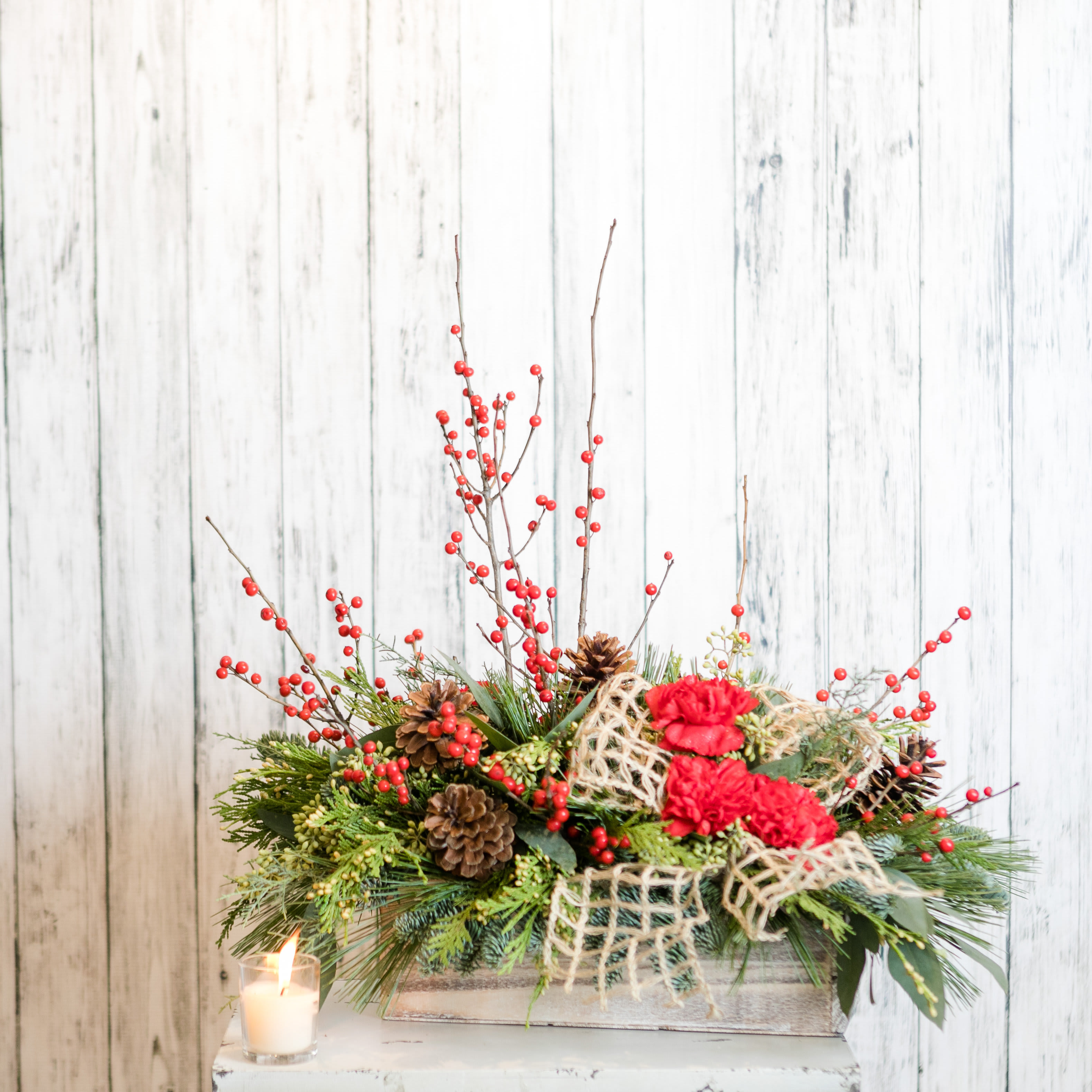 Lodge - A long lasting centerpiece in a whitewash wooden box will add cheer to any table this holiday season.  Approximately 20&quot; Tall X 18&quot; Wide 