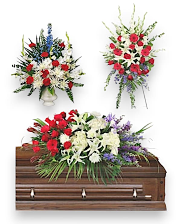 Brave Memorial  Collection - This Collection combines our most popular memorial arrangements: Standing spray, Footed Urn Arrangement, and Casket Spray.  Casket not included.