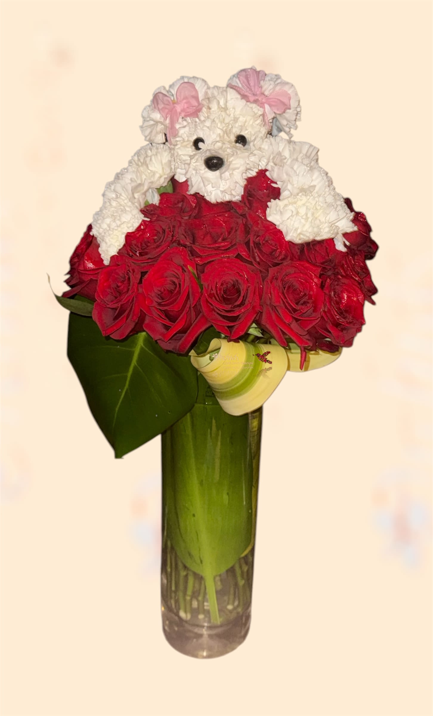 Red Premuim Roses I Woof you Dog Bouquet - Send an adorable I woof you puppy love! designed from white carnations, our adorable puppy is sitting on top of premium red roses. The perfect gift for pet lovers, Valentine’s Day, anniversary or anyone who could use a little puppy love in their life. 