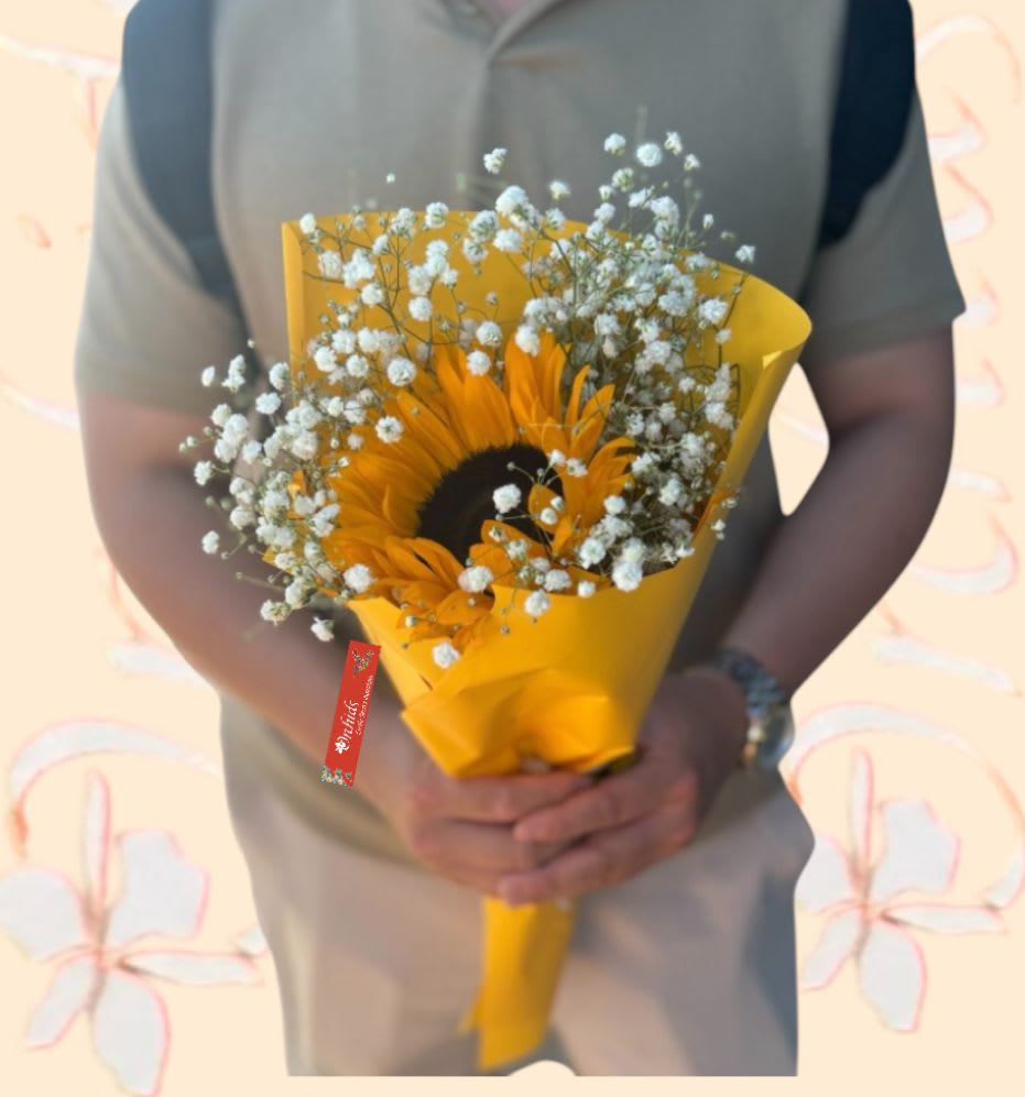 1 Sunflower Hand Wrapped Bouquet - A Bouquet of 1 Sunflower ! Please note that Sunflowers size may vary. Accented with gypsy aka babies breath and wrapped in gift wrap paper, dressed with ribbon. A beautiful way to celebrate a birthday, or any of life's special moments. March 21st is #nationalflowerday make sure to send yellow flowers