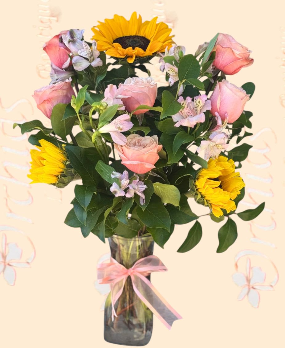 Peach Roses &amp; Sunflowers Mix Bouquet - Bring joy and charm to your special recipient with its vibrant sunflowers, peach premium roses accented with other blooms! for any loved one or any other special occasion.
