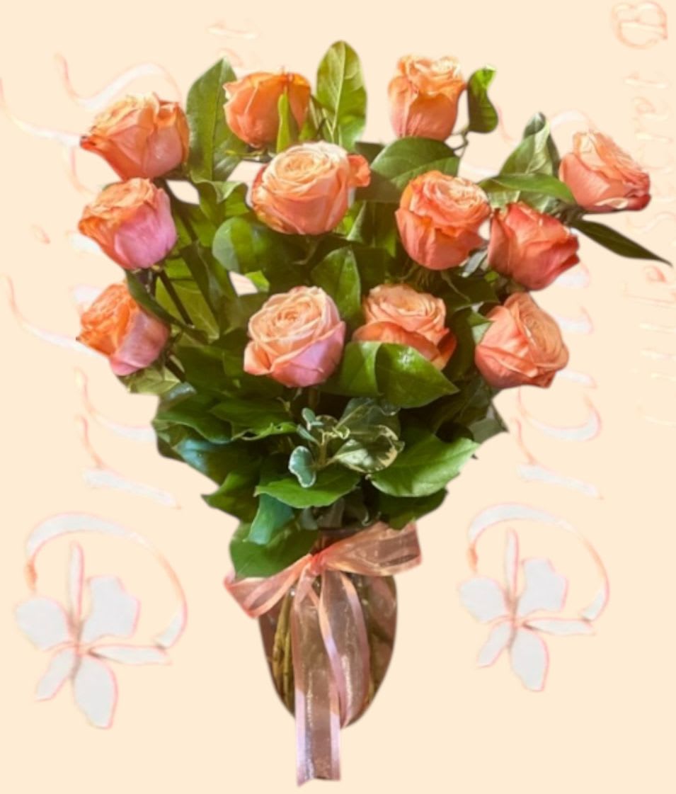 Peach  One Two Or Three Dozen Kahala Short Stem Garden Roses  - Arrangement measures approximately 19"H Short stem Kahala Garden Roses in a Vase, available in 12, 24, or 36 roses accented with greens in a clear vase. Ideal as a gift for birthdays, new babies, peach lovers or get-well wishes, this arrangement is suitable for display on a side table or desk.