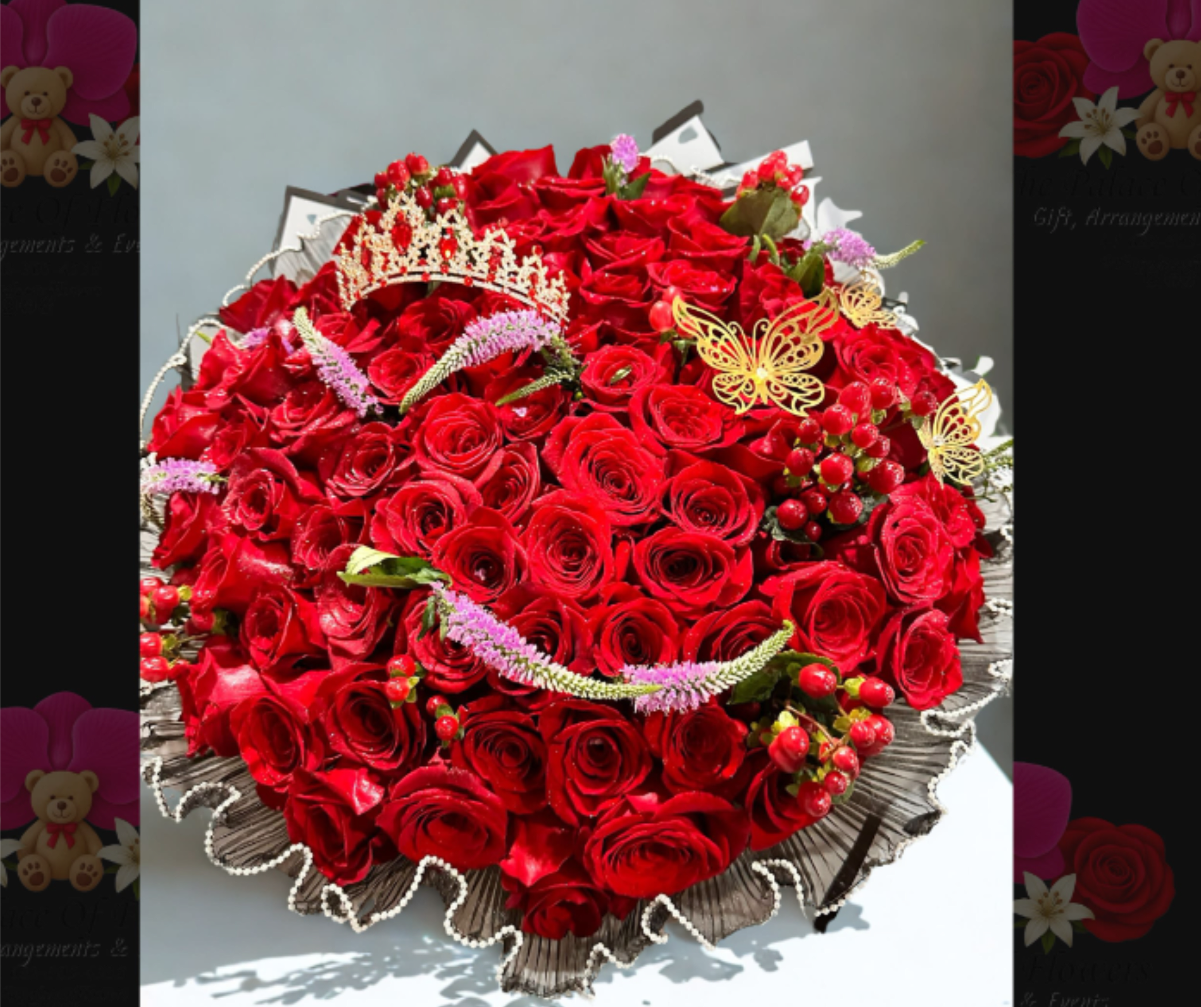 BUCHON BOUQUET 100 RED ROSES WHIT CROWN  - BUCHON BOUQUET 100 RED ROSES WHIT CROWN 