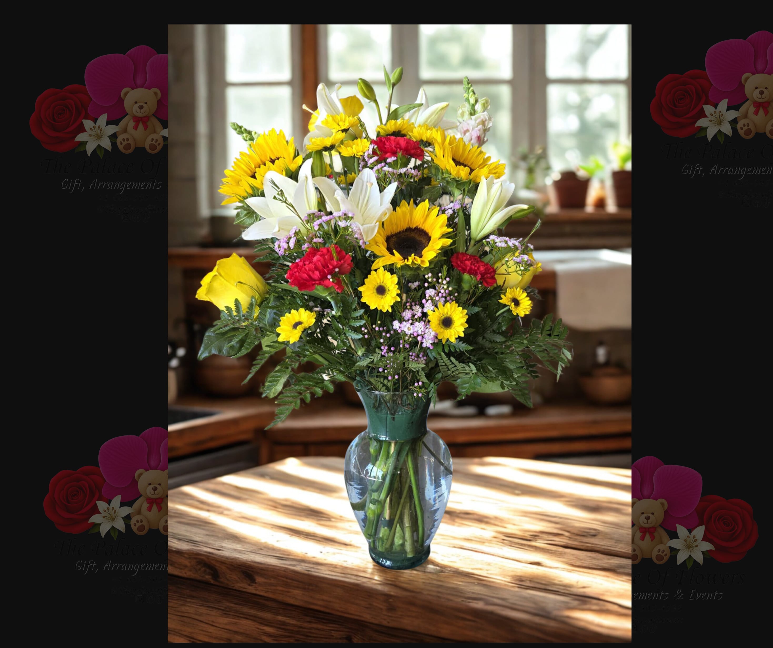 Floral Passion - Sunflowers, carnations and lilies with small white details; on a glass base harmoniously organized to cause a visual spectacle.