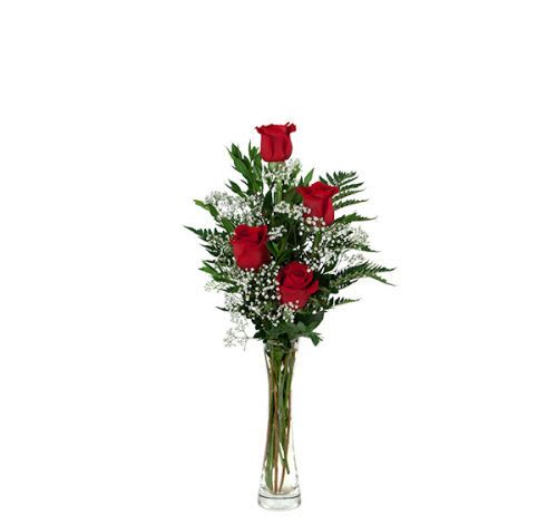 4 Red Roses - 4 red roses arranged in a glass vase with added greenery and baby's breath.